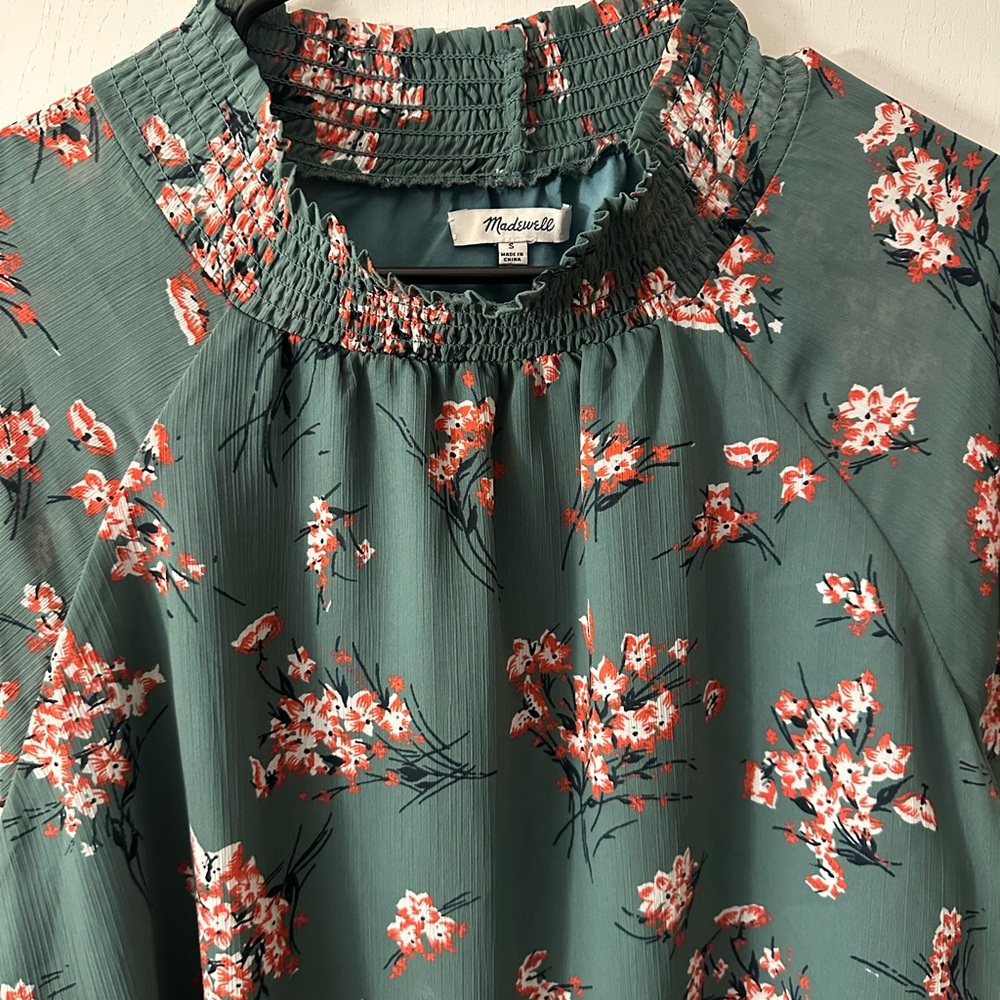 Madewell Green Mockneck Butterfly Garden Blouse - Picture 9 of 12